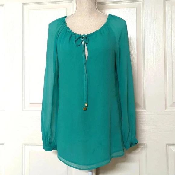 Tory Burch Tops - Tory Burch Silk Tie Neck Blouse in Teal